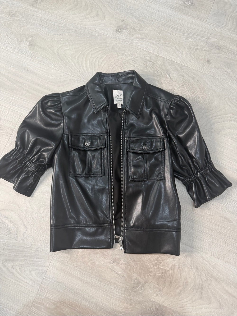cinq a sept Black Faux Leather Puff-Sleeve Zip Front Jacket